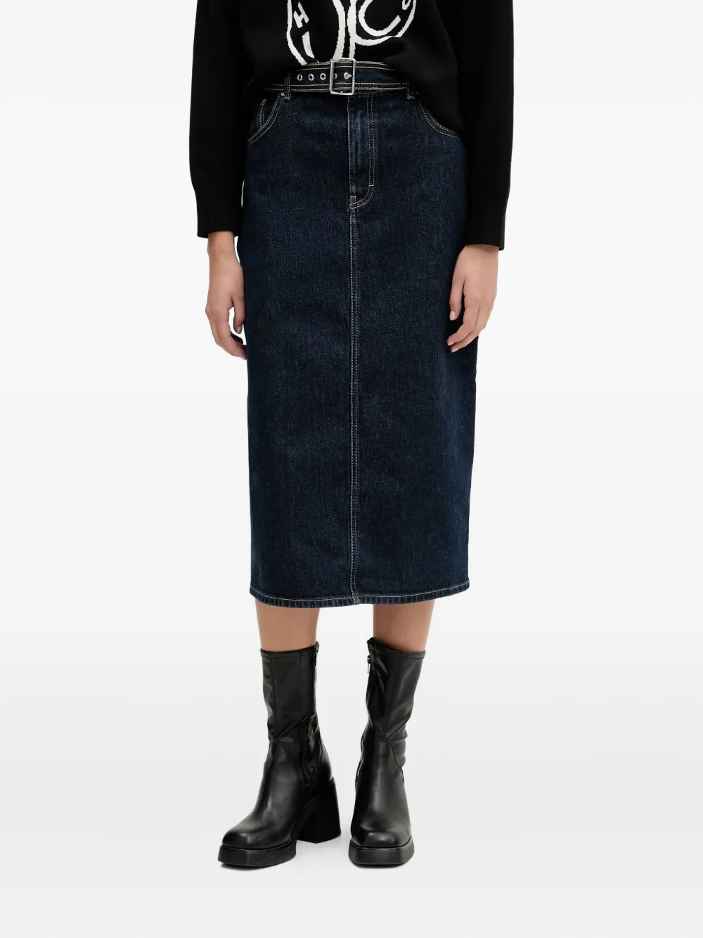 belted denim midi skirt