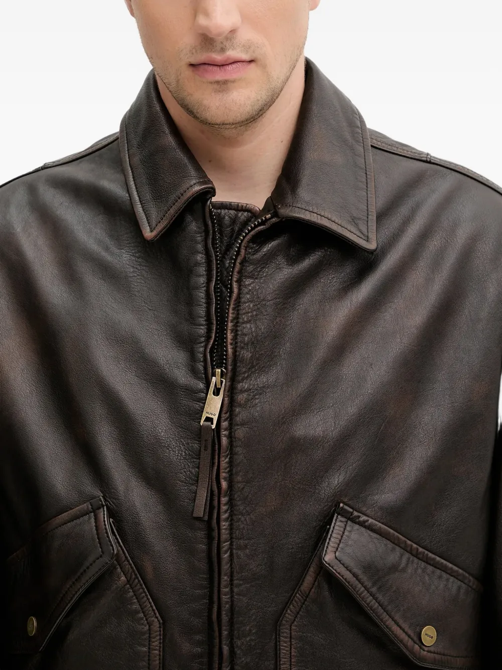 Hugo Boss Leather Bomber Jacket In Gray