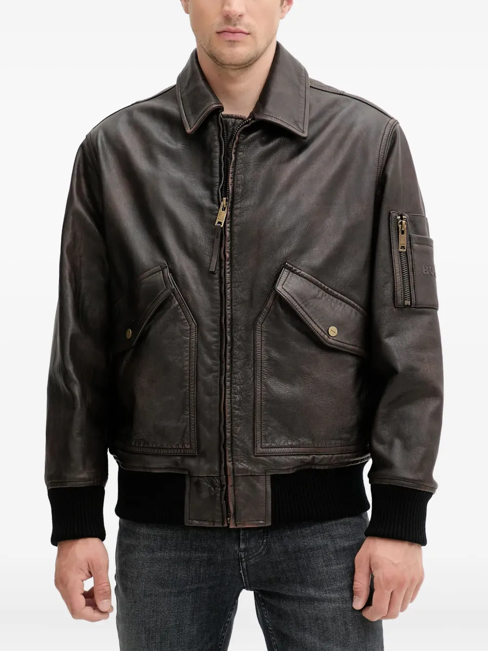 Hugo Boss Leather Bomber Jacket In Gray