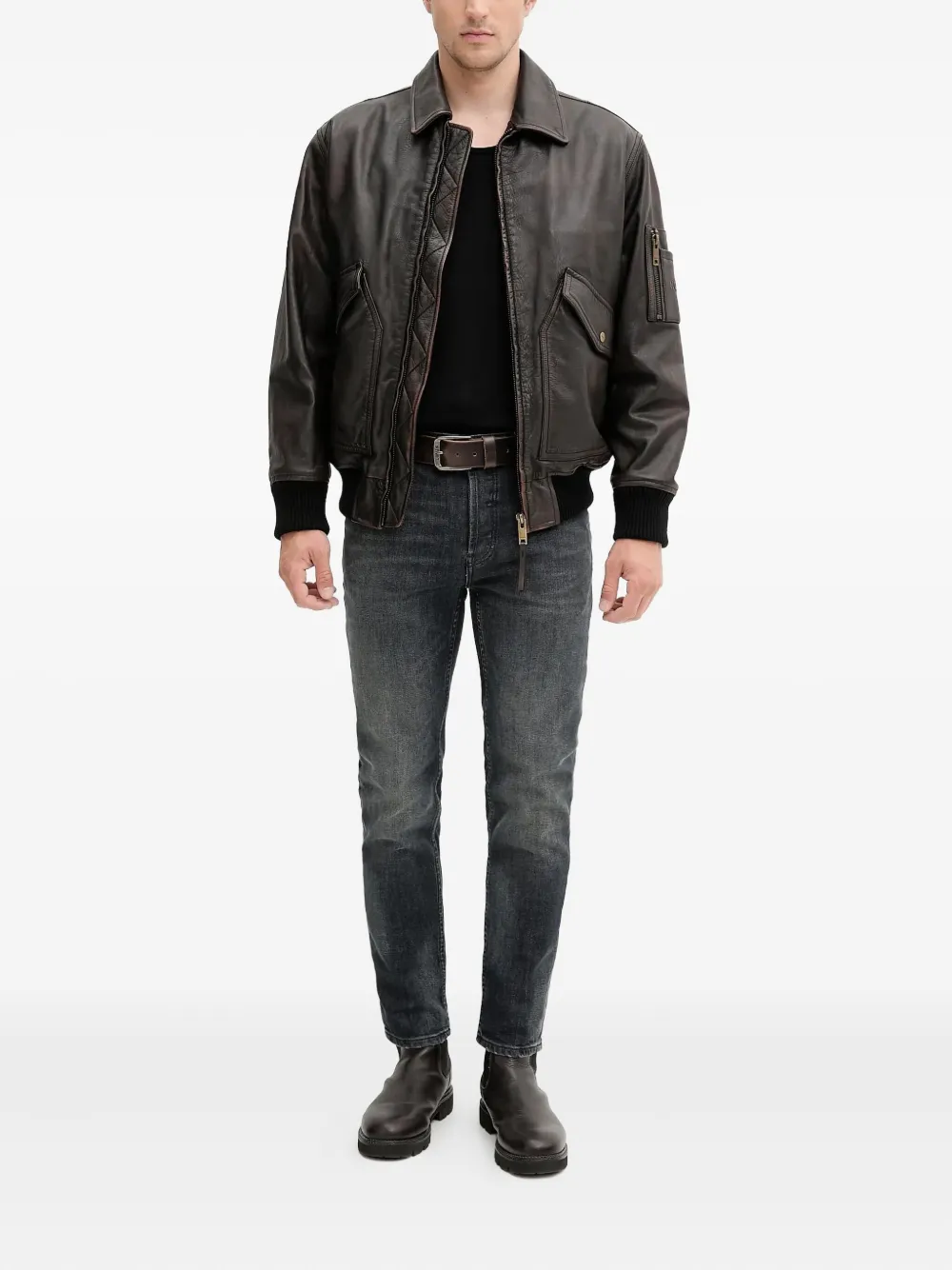 Hugo Boss Leather Bomber Jacket In Gray
