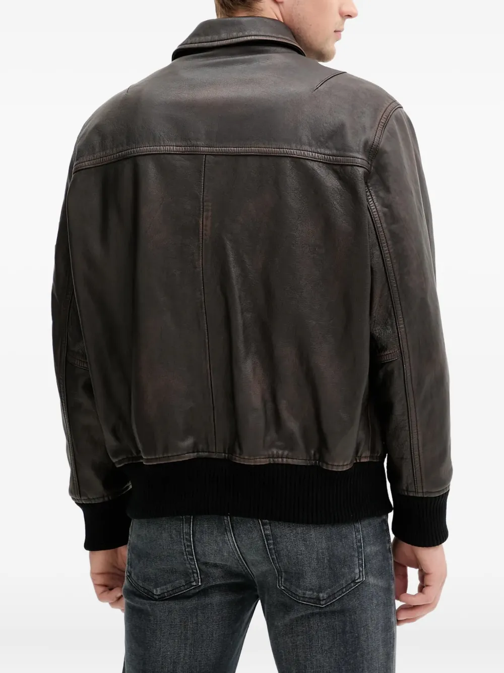 Hugo Boss Leather Bomber Jacket In Gray