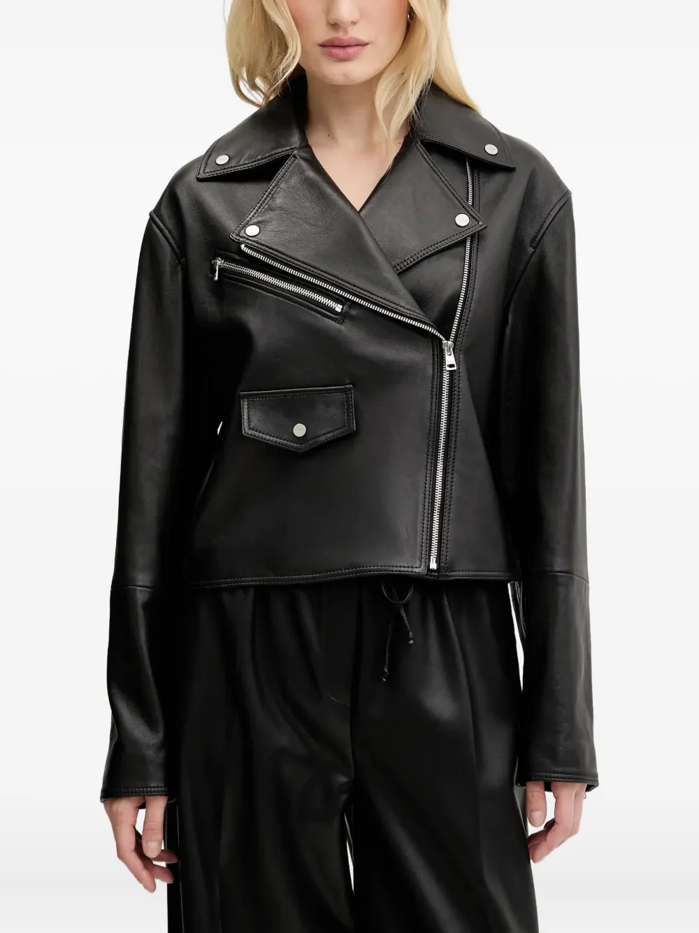 zipped leather biker jacket