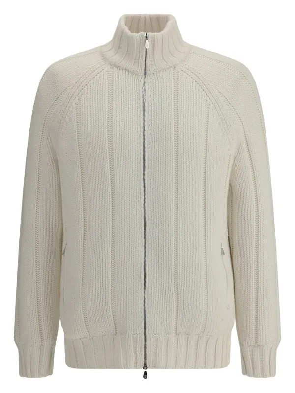 Brunello Cucinelli Ribbed zip-front Cashmere Cardigan White