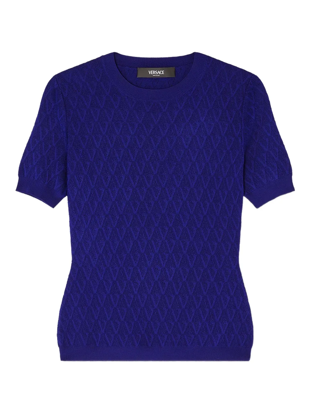 Versace Textured-knit Short-sleeve Top In Blue