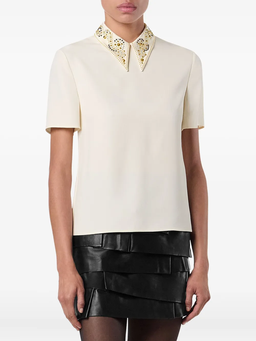 Versace Top met verfraaide kraag en korte mouwen Beige