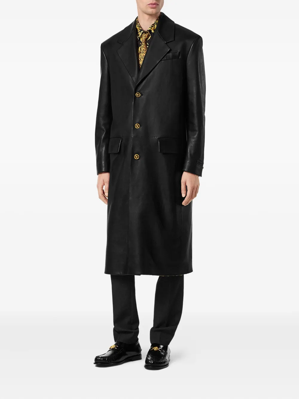 Versace leather gold-button coat - Zwart