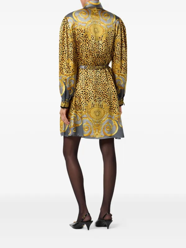 Versace Cheetah Foulard Silk Lavallire Mini Dress, Female, Gray+gold, 36 Versace Cheetah Foulard Silk Lavallire Mini Dress, Female, Gray+gold, 36