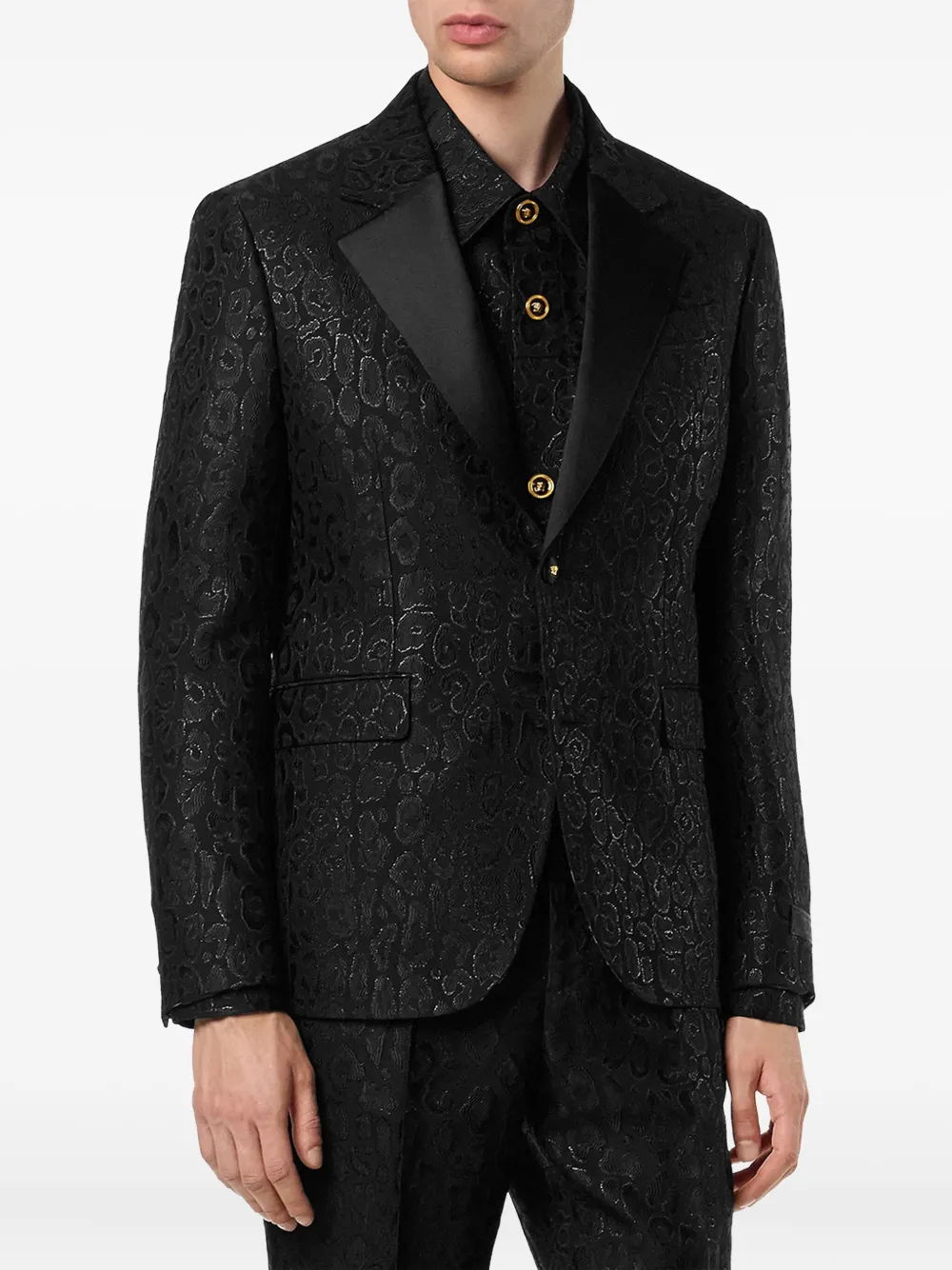 Versace Leopard-print Satin-lapel Blazer In Black