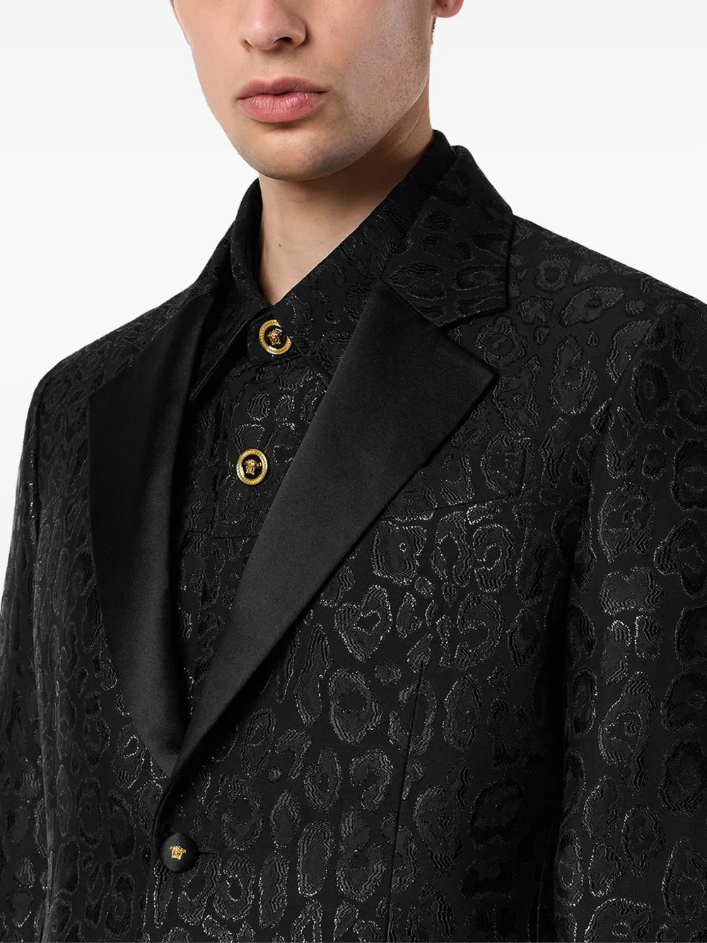 Versace Leopard-print Satin-lapel Blazer In Black