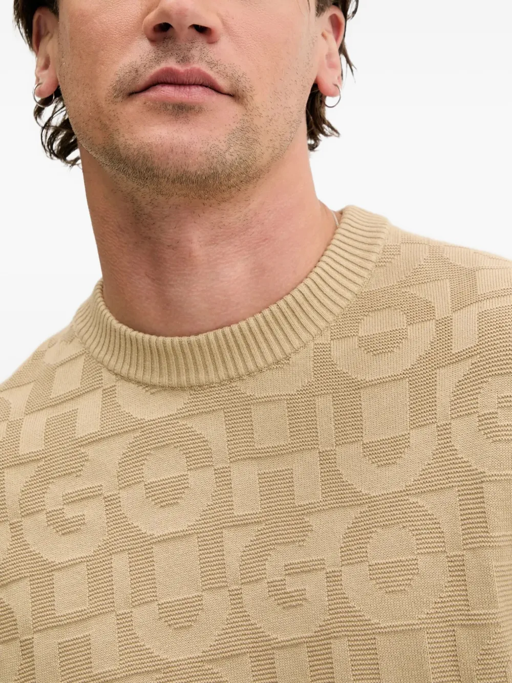 HUGO Trui met ronde hals en logopatroon Beige