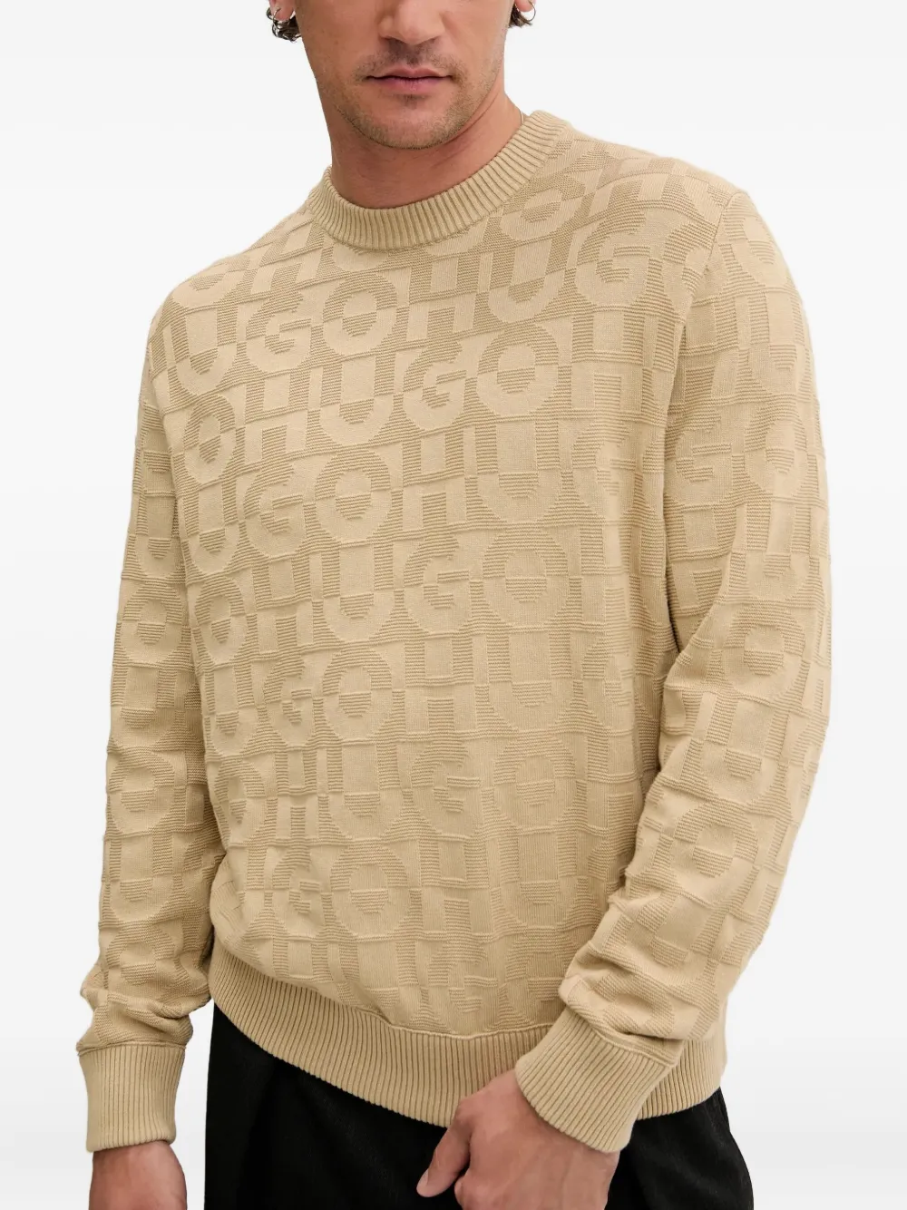 HUGO Trui met ronde hals en logopatroon Beige