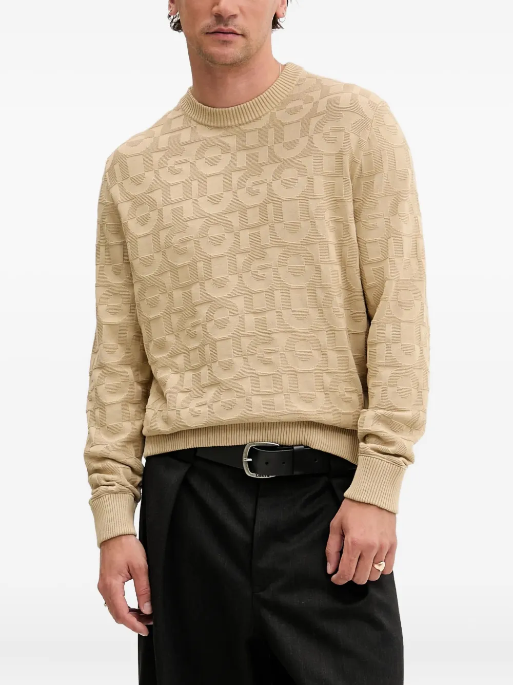 HUGO logo-pattern crew-neck sweater Beige