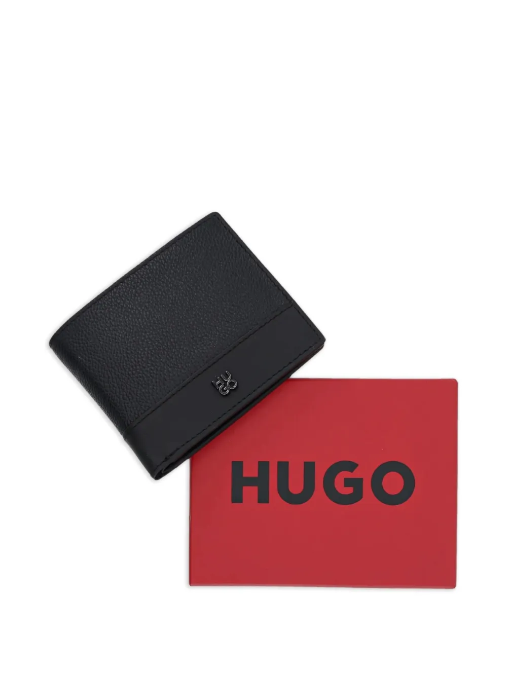 HUGO Leren portemonnee met logoplakkaat Zwart
