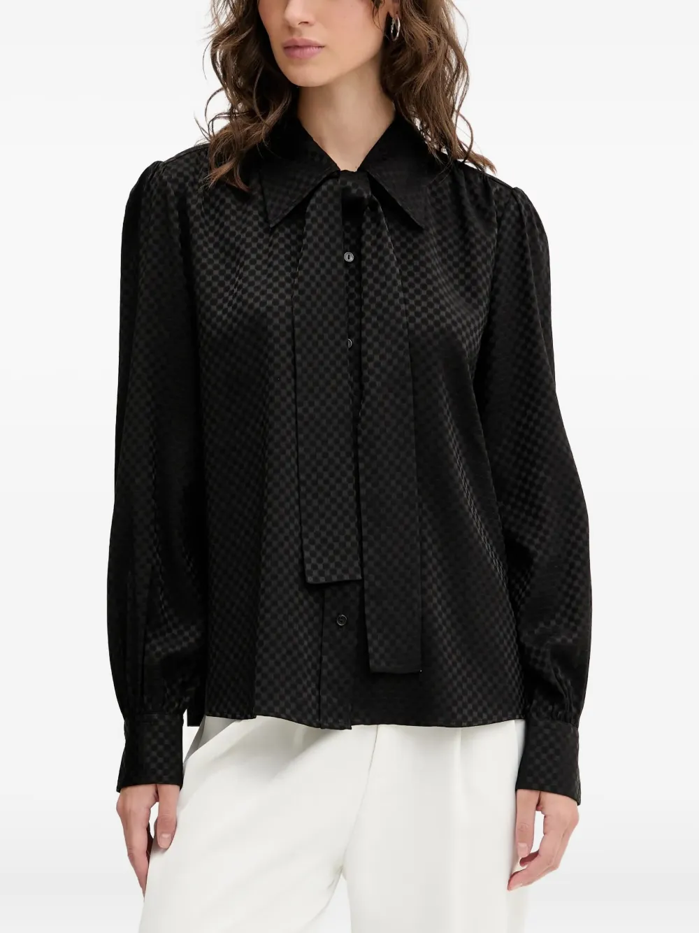 checked puff-sleeve shirt