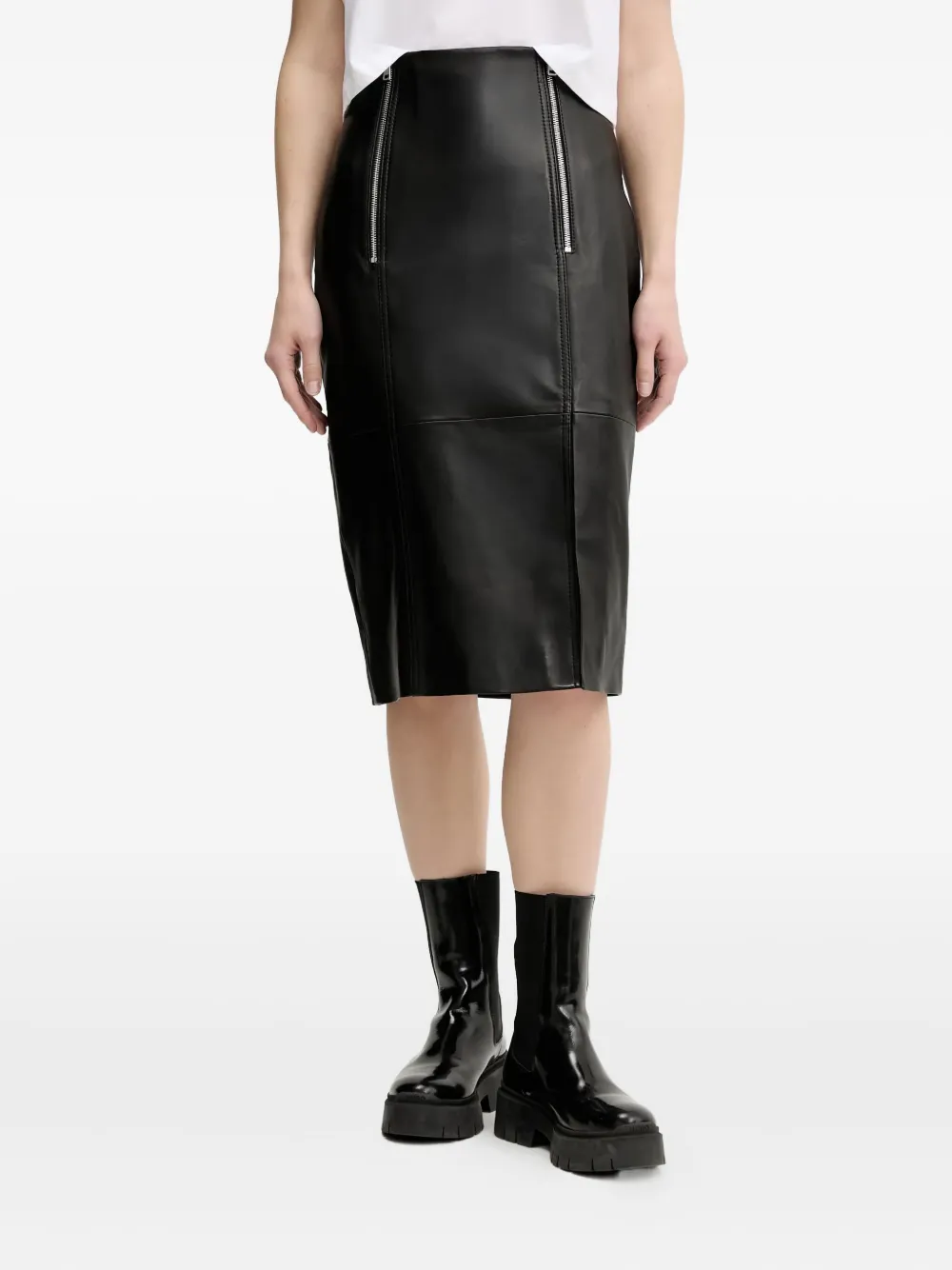 zip-detail leather midi skirt