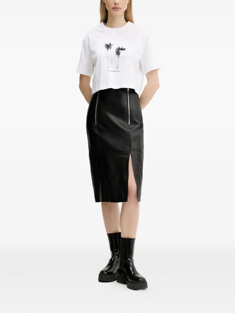 HUGO zip-detail leather midi skirt - Zwart