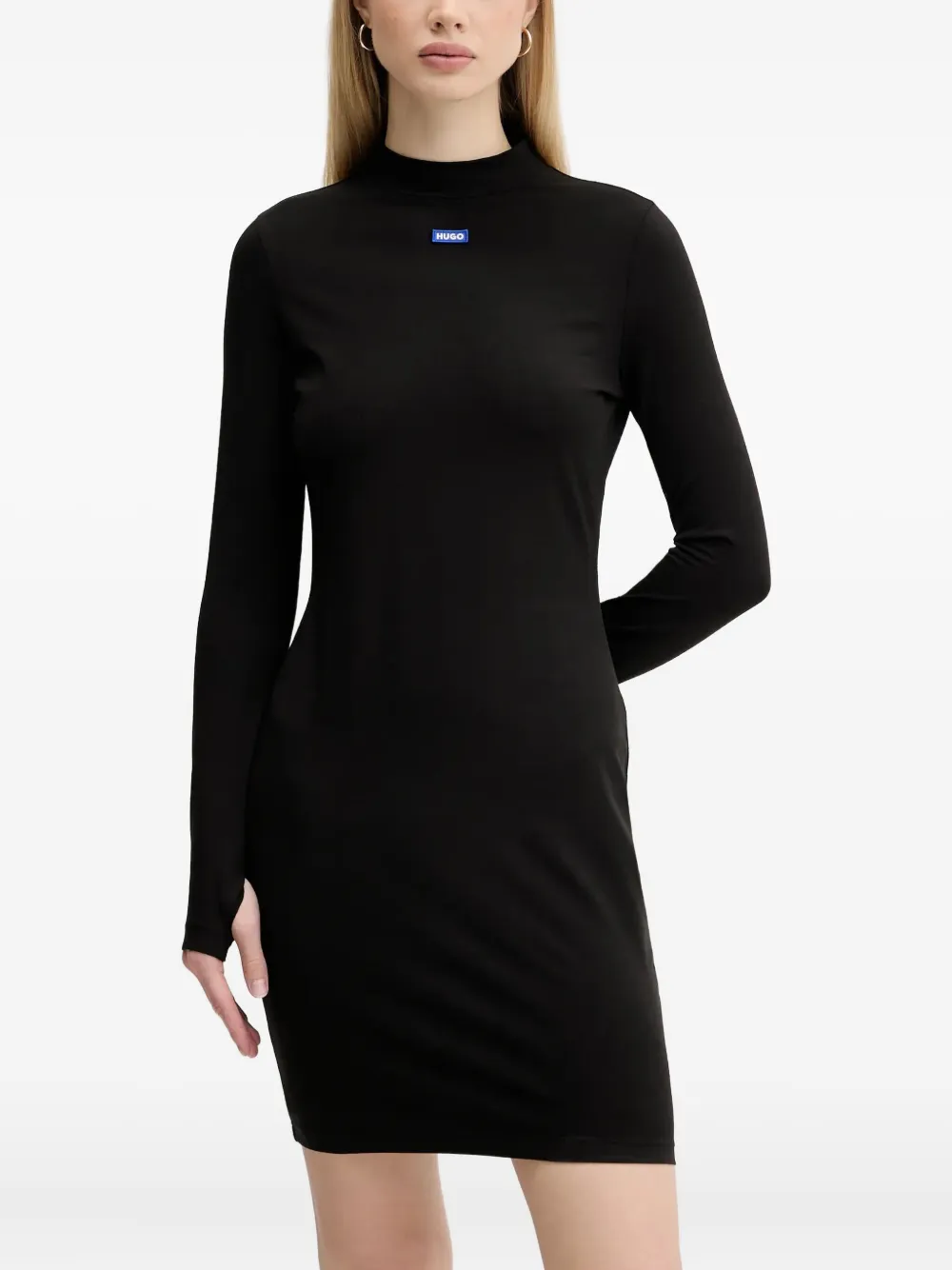 mock-neck logo-tab mini dress