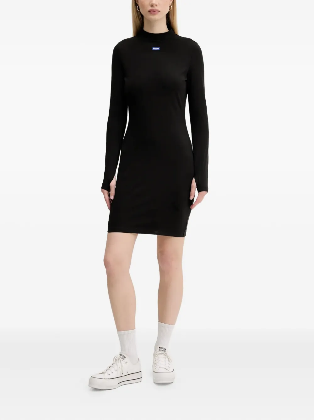 HUGO mock-neck logo-tab mini dress - Zwart