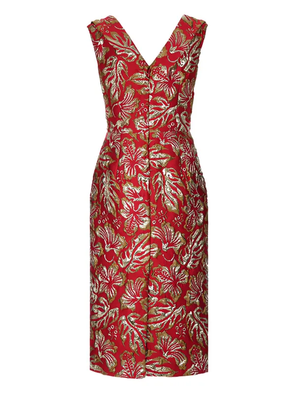 Prada Hibiscus-motif Jacquard Midi Dress in Red