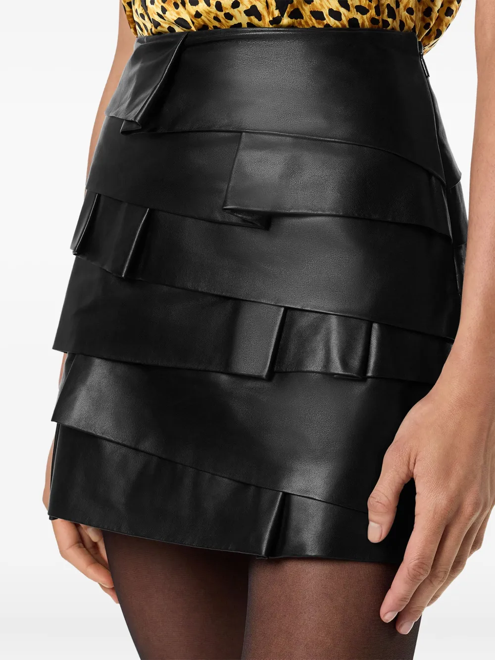 Versace Layered Ruffle Leather Skirt In Black