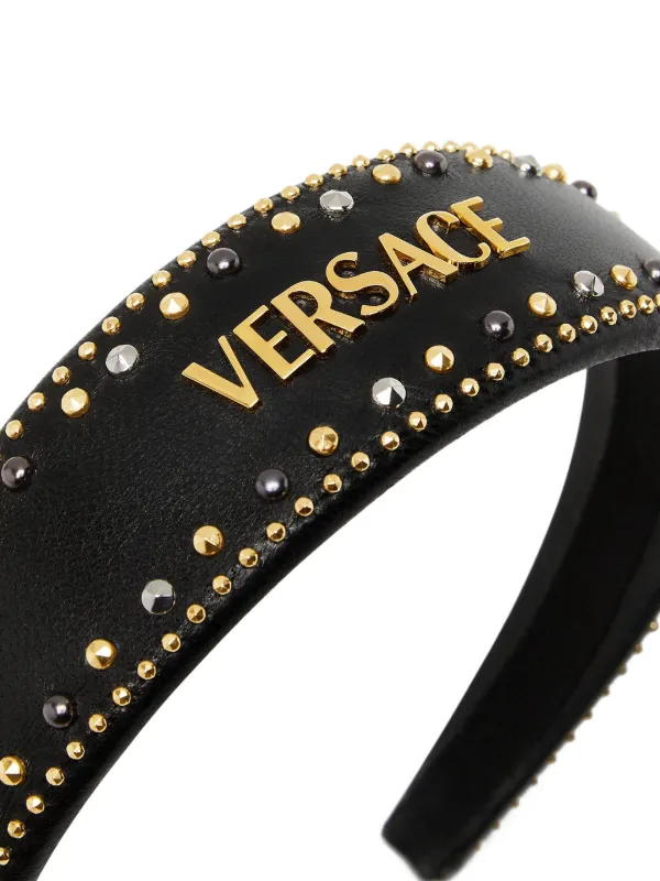 Versace Leather logo-plaque Studded Headband | Black | FARFETCH