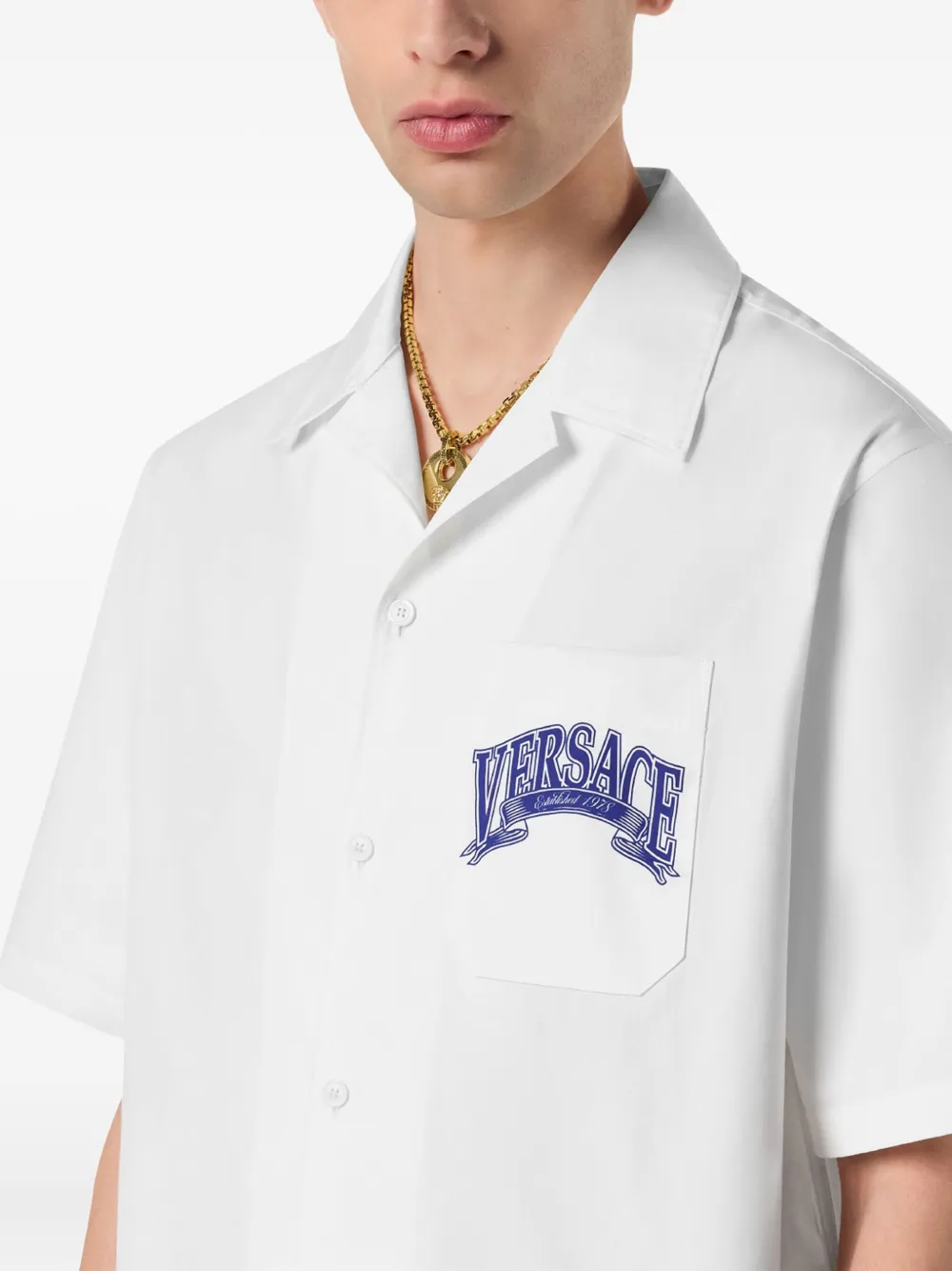 Versace Medusa Logo Cotton Poplin Camp Shirt In Yellow