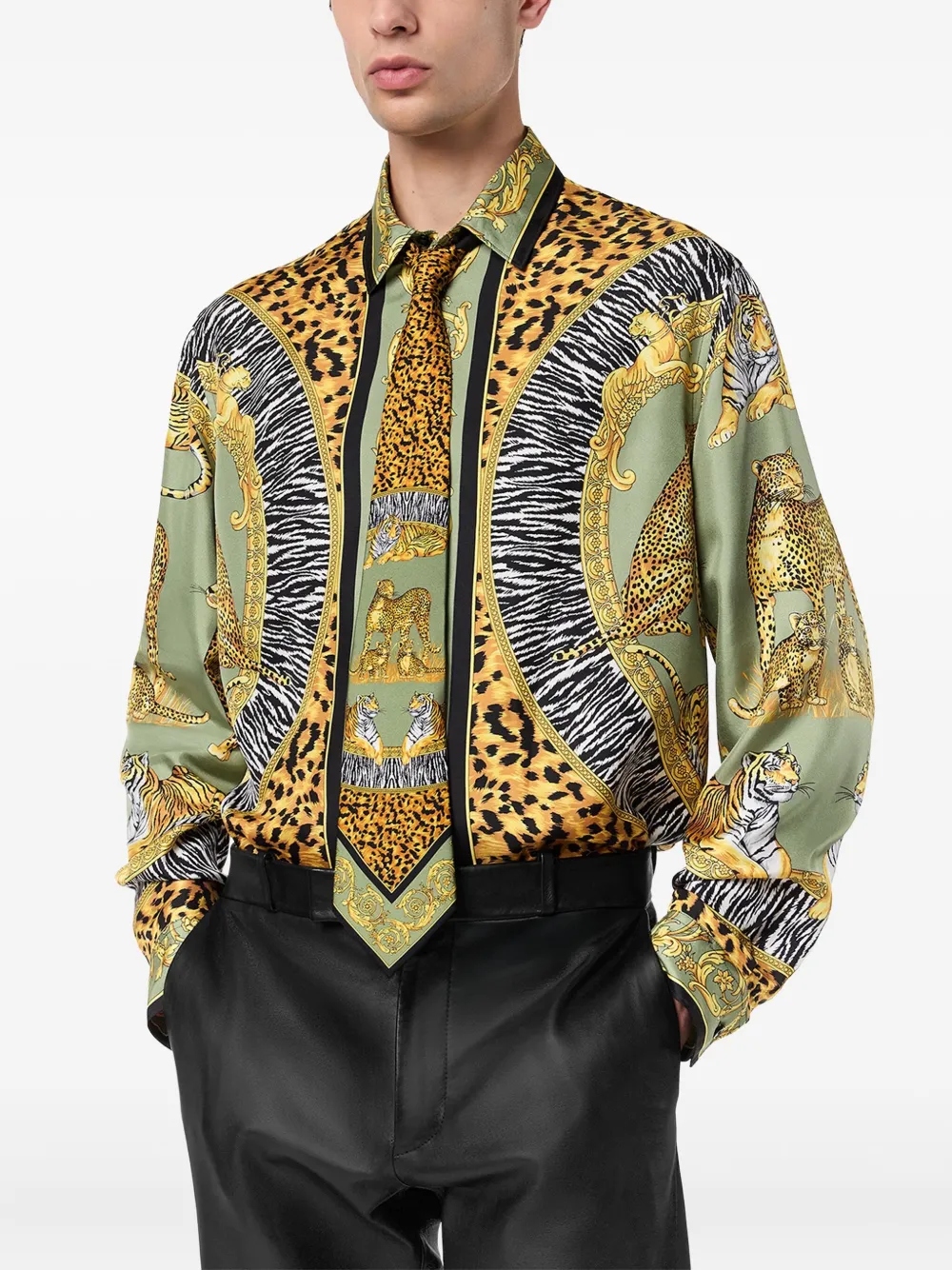 Versace Animal-print Silk Tie In Green