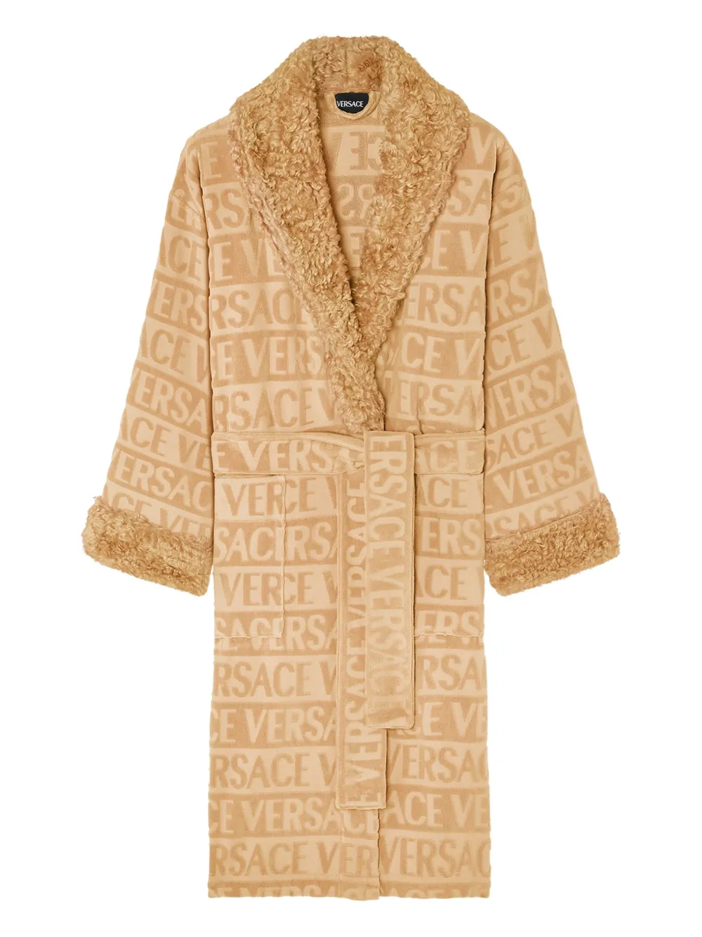 Versace Logo-jacquard Fleece-trimmed Robe In Neutral