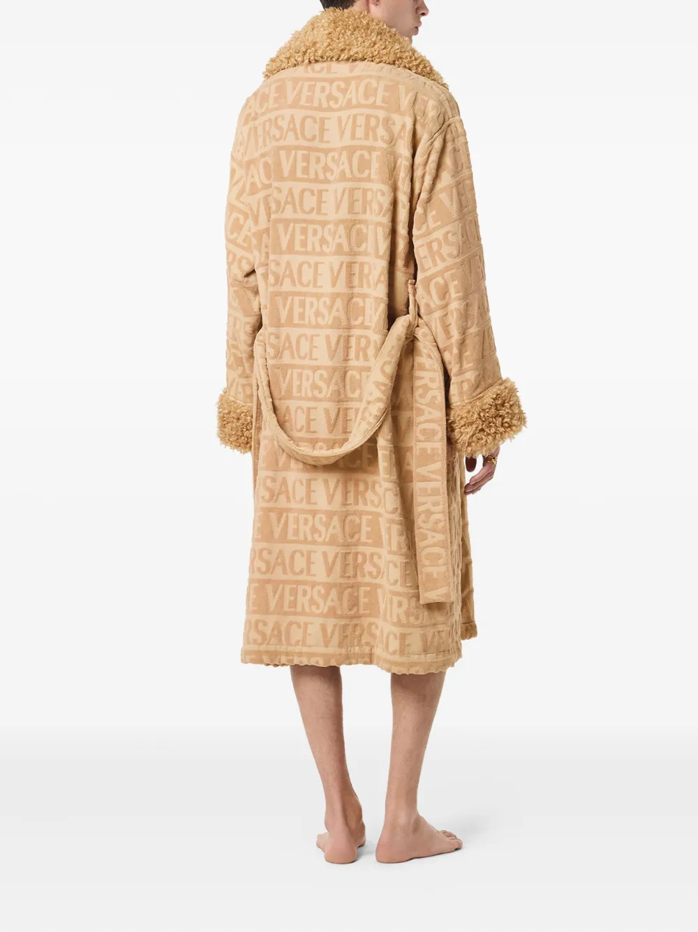 Versace Logo-jacquard Fleece-trimmed Robe In Neutral