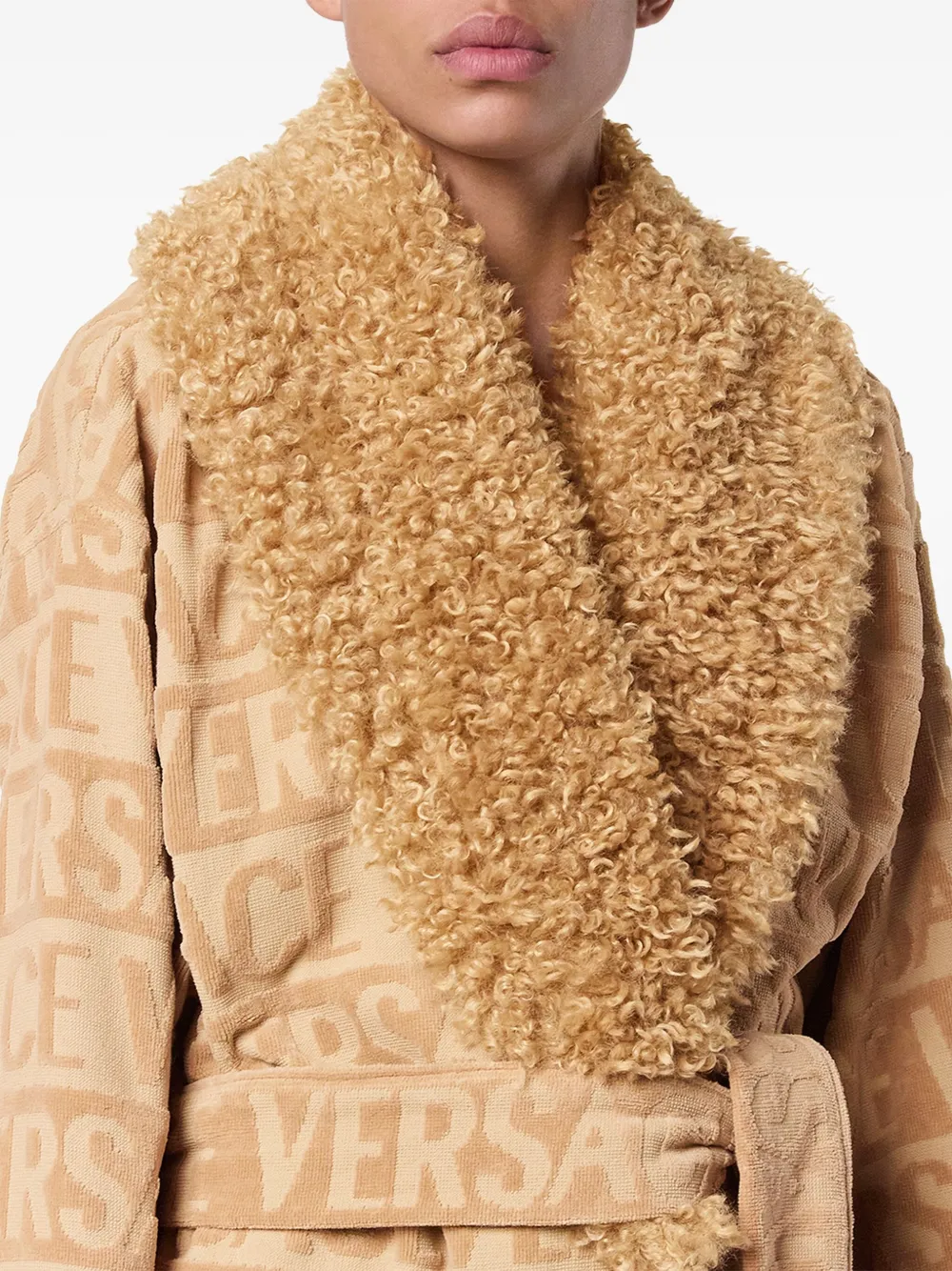 Versace Logo-jacquard Fleece-trimmed Robe In Neutral