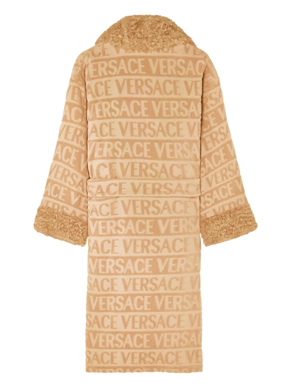 Versace Logo-jacquard Fleece-trimmed Robe In Neutral