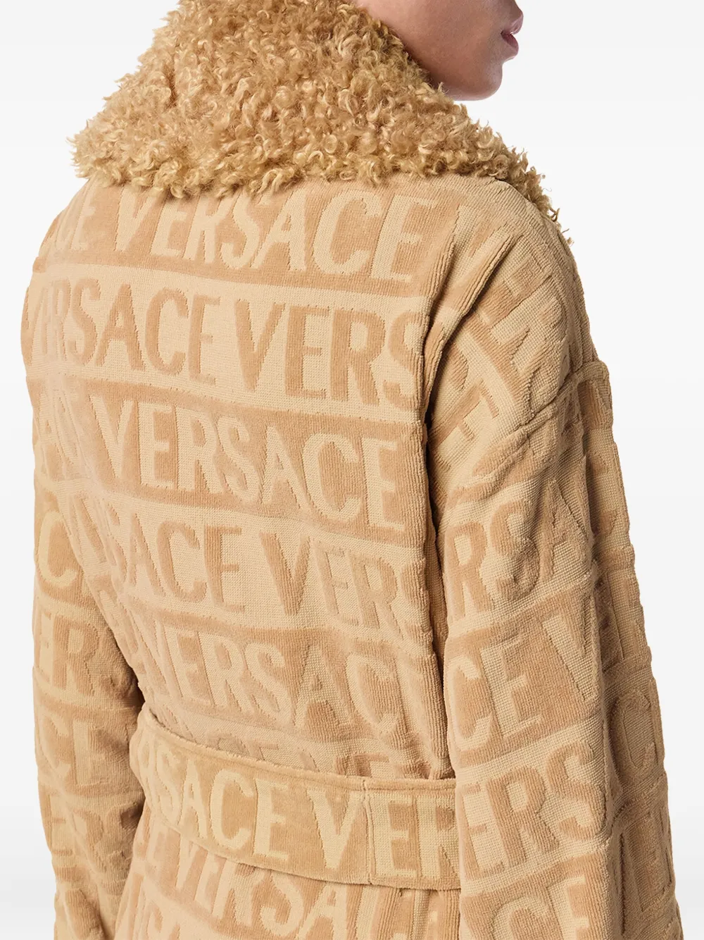 Versace Logo-jacquard Fleece-trimmed Robe In Neutral