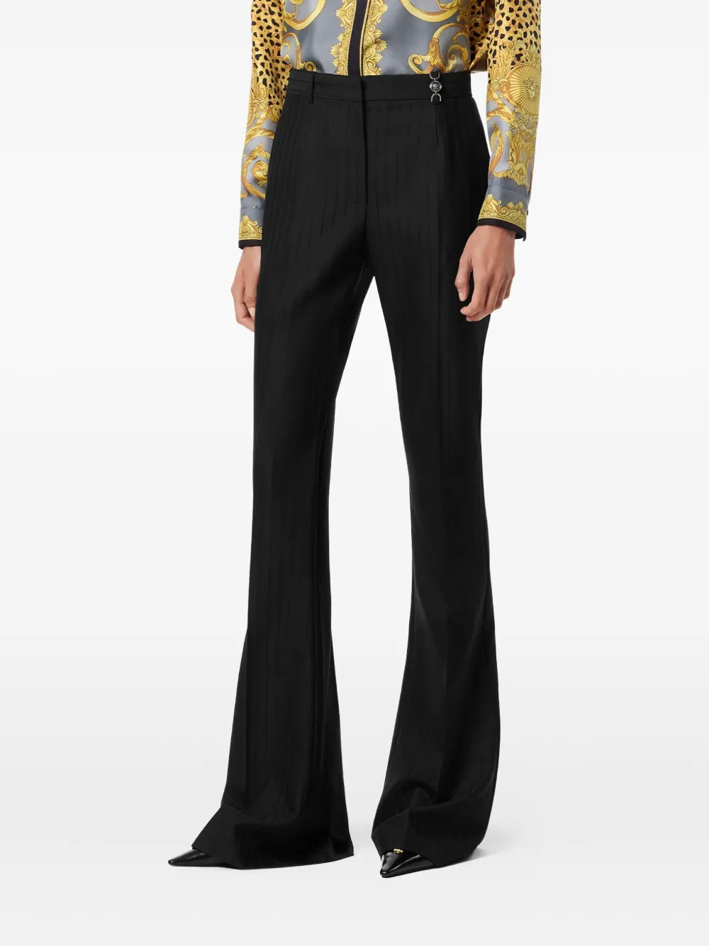 Versace Pinstripe-flared Trousers In Black