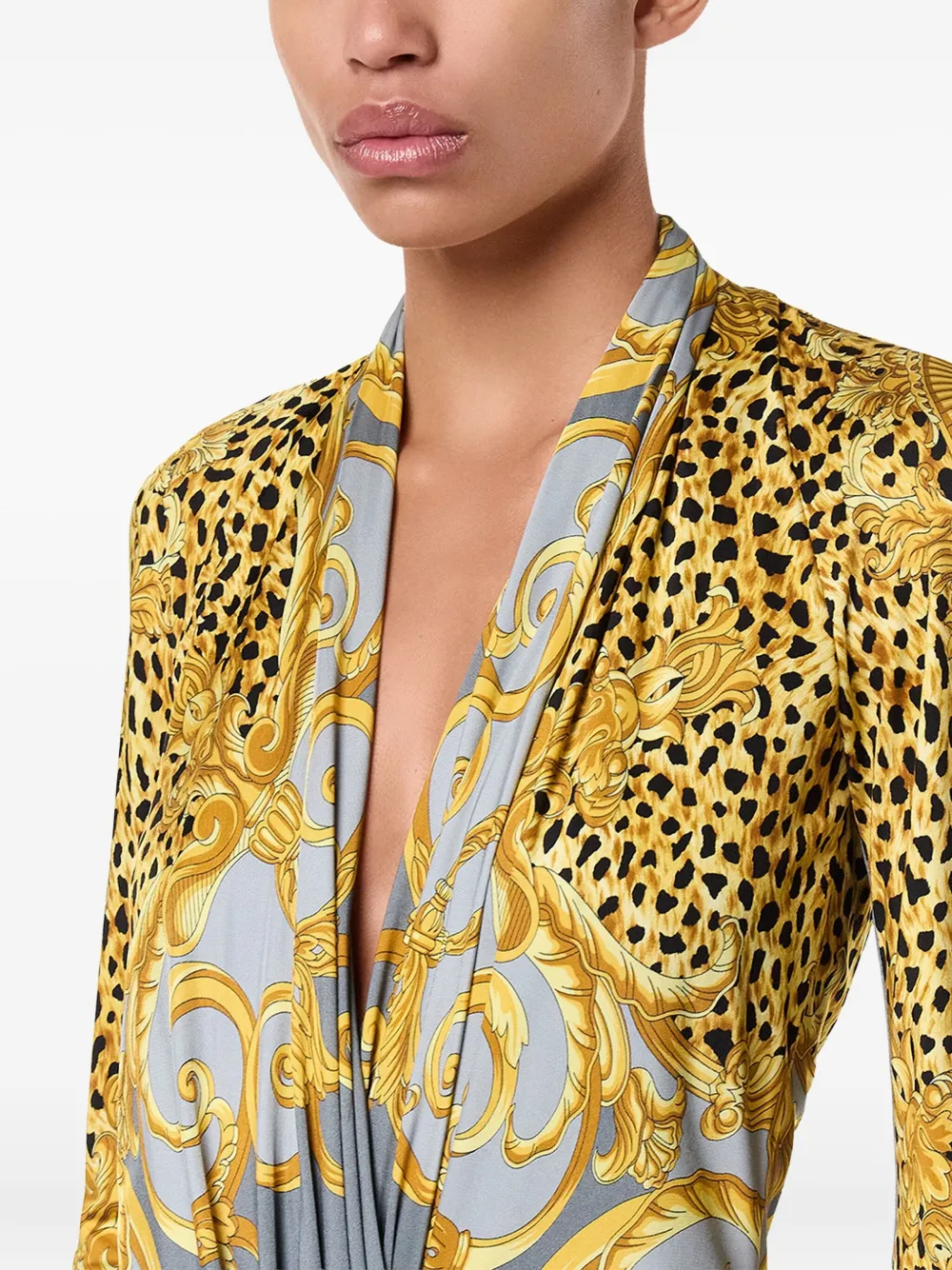Versace Baroque-print Deep V-neck Bodysuit In Yellow