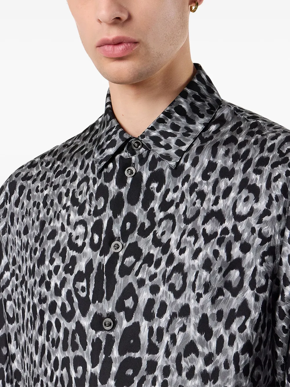 Versace Leopard-print Silk Shirt In Gray