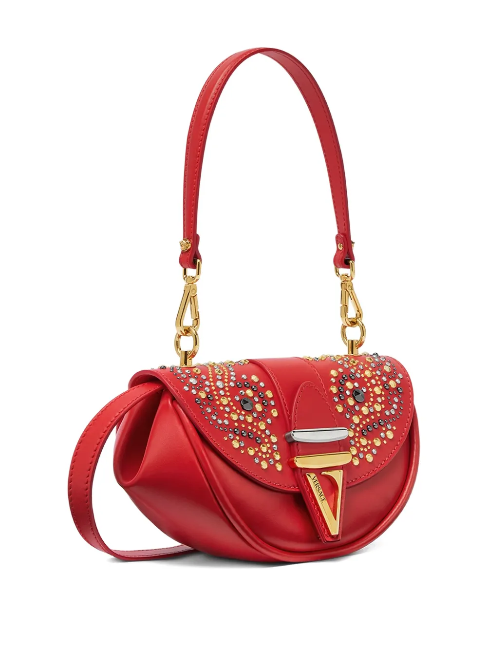 Versace Virtus Crystal-embellished Shoulder Bag In Red