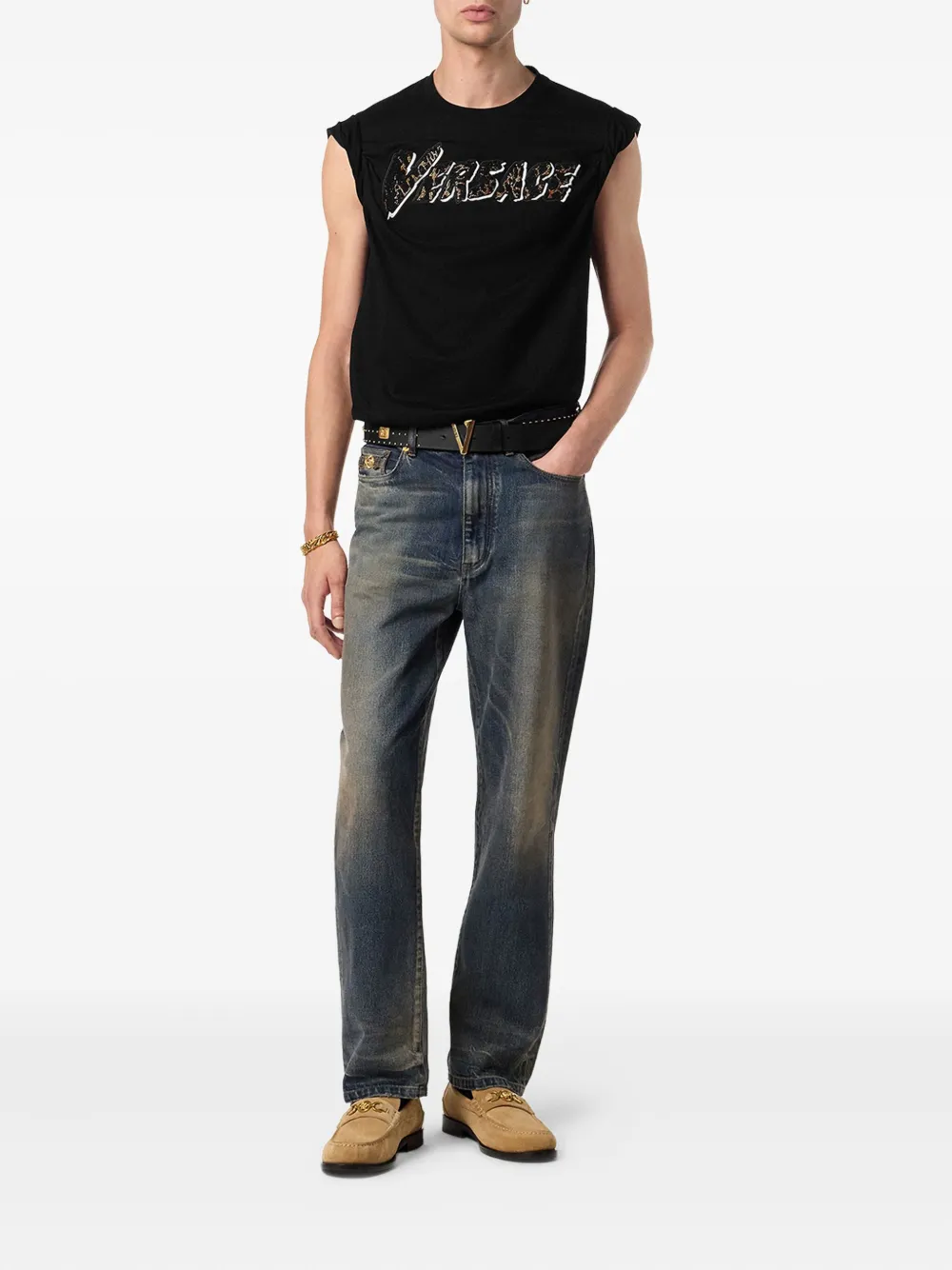 Versace embellished logo T-shirt - Zwart