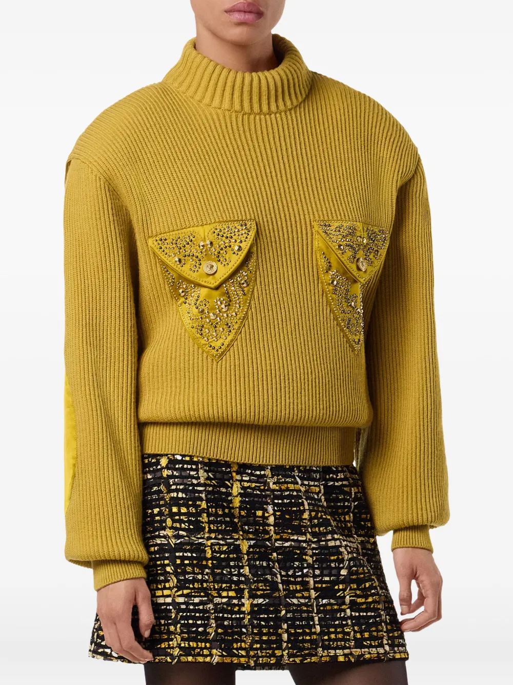 Versace Embellished-pocket Ribbed Sweater In Yellow