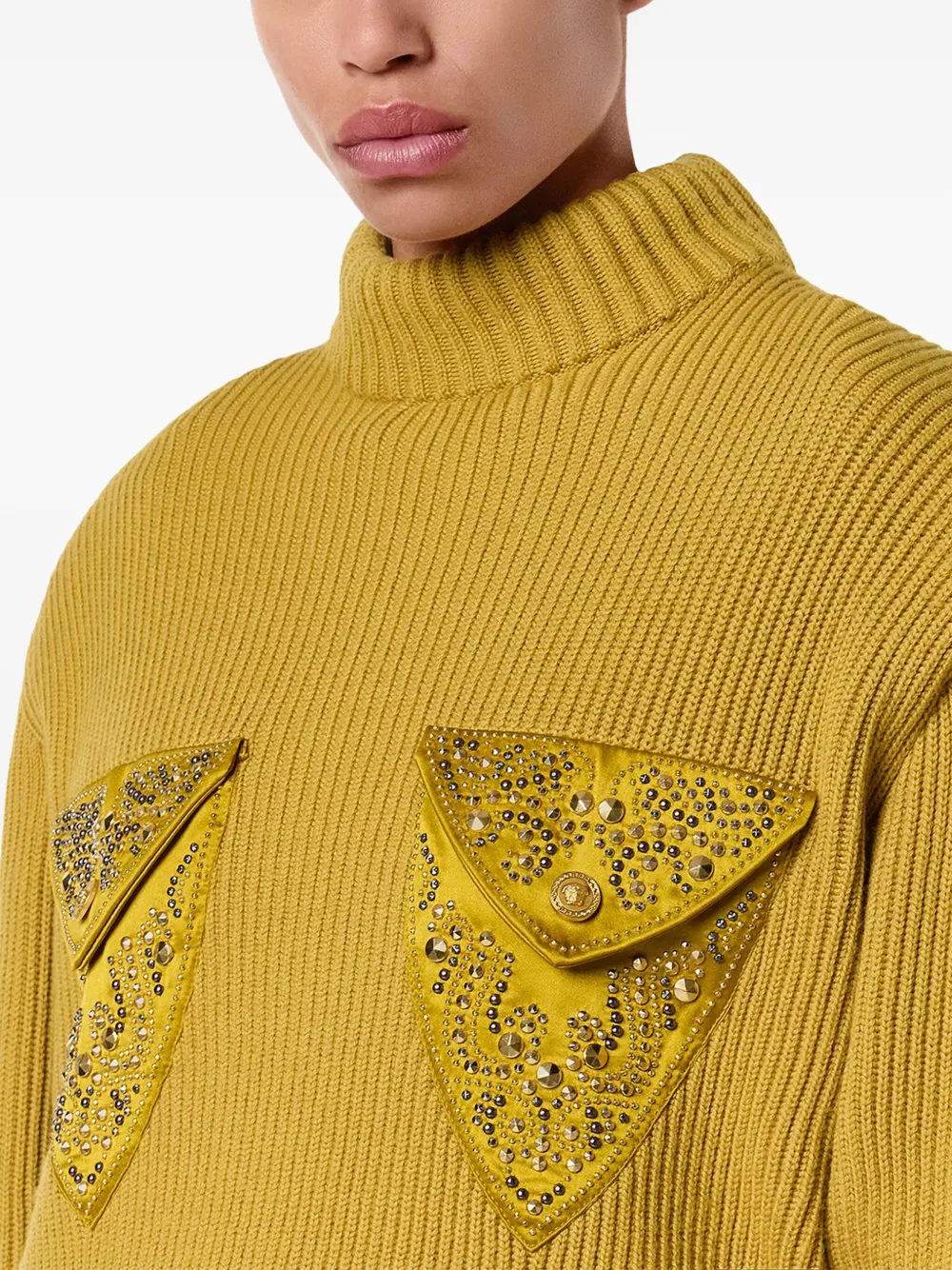 Versace Embellished-pocket Ribbed Sweater In Yellow