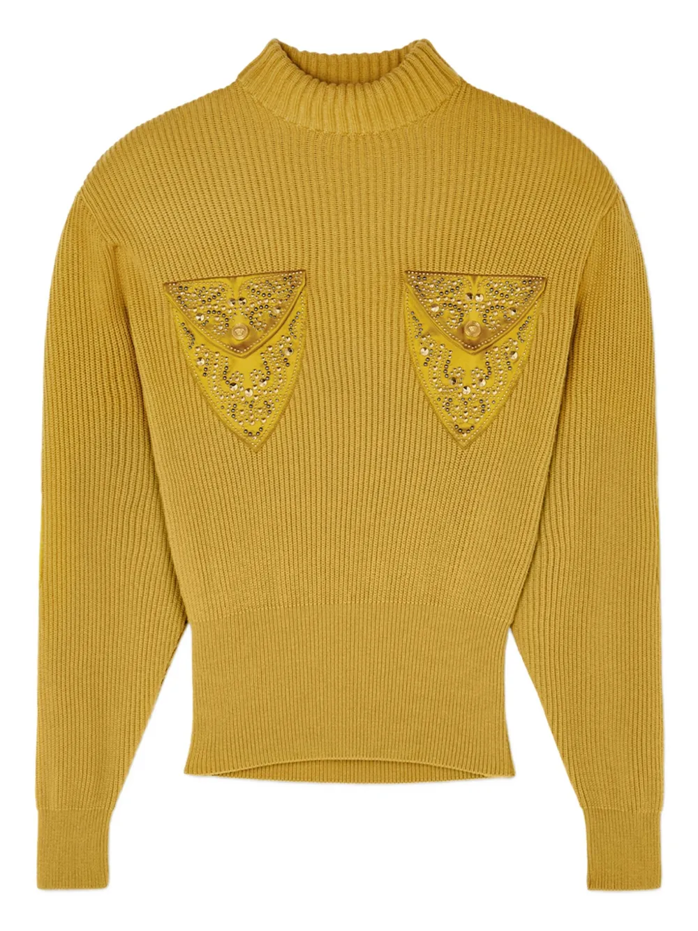 Versace Embellished-pocket Ribbed Sweater In Yellow