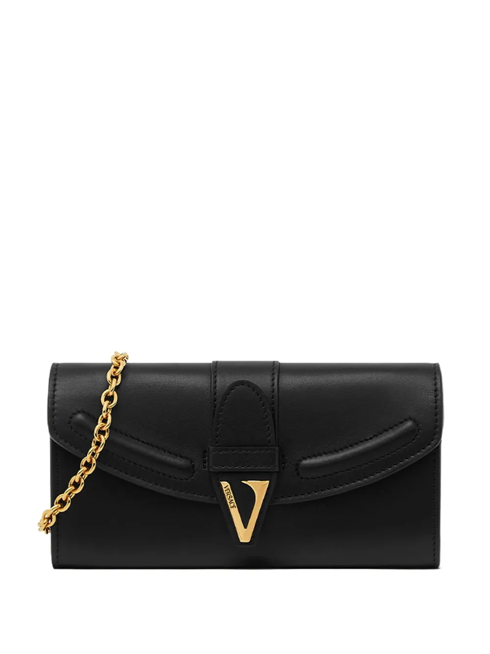Versace V-logo Chain Clutch Bag In Black