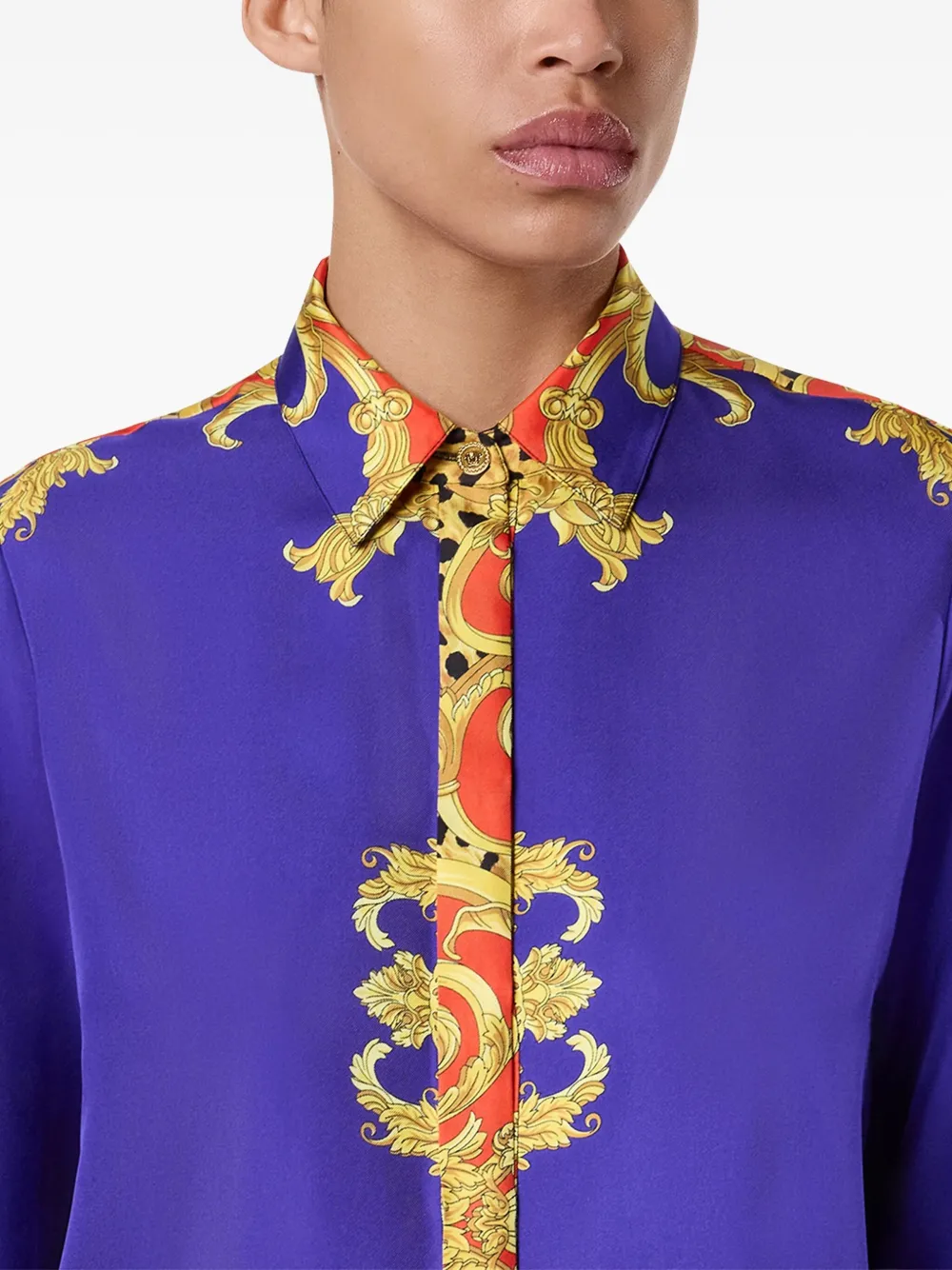 Versace Formal Cheetah Barocco Print Silk Button-up Shirt In Blue