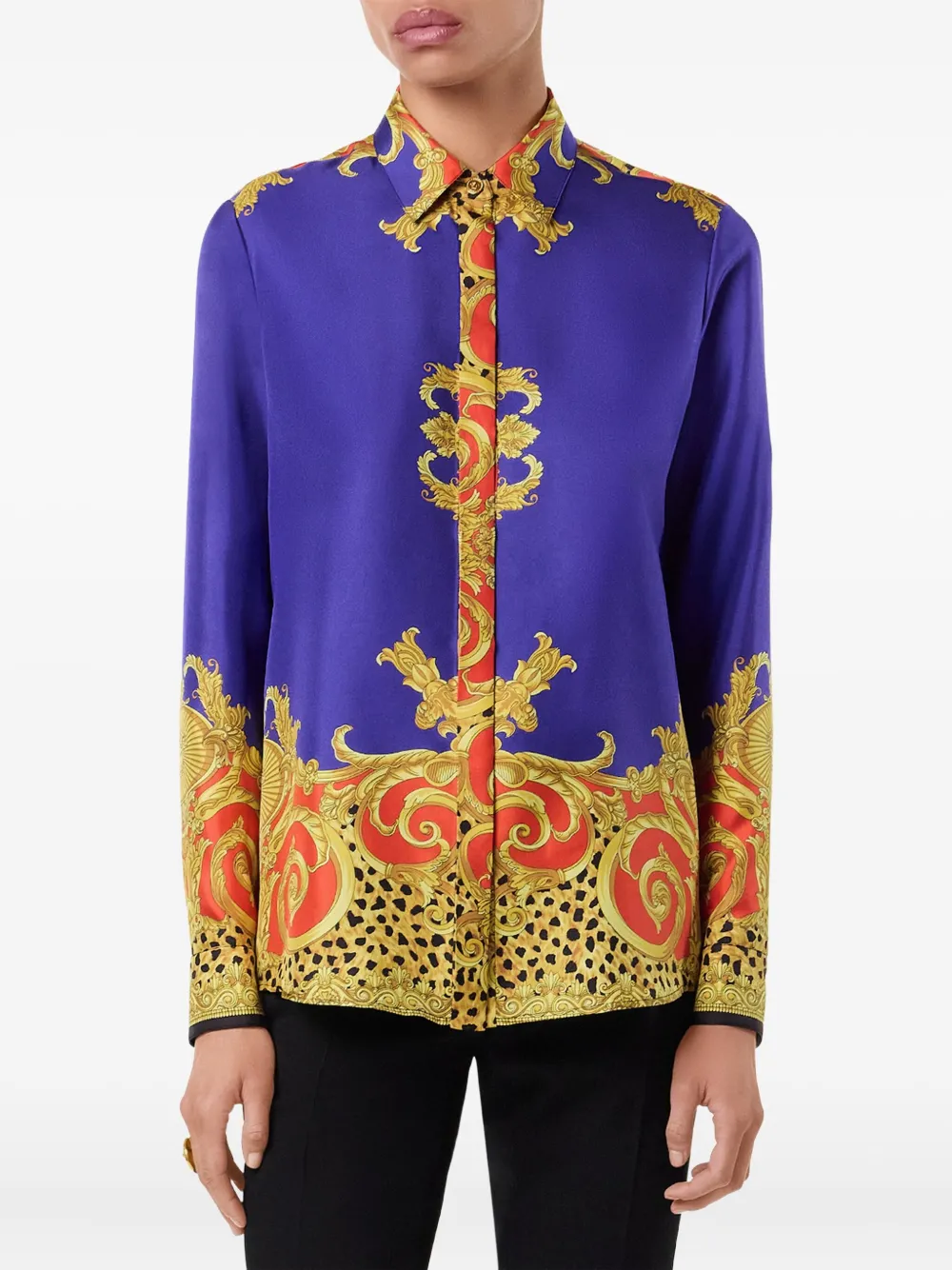 Versace Formal Cheetah Barocco Print Silk Button-up Shirt In Blue