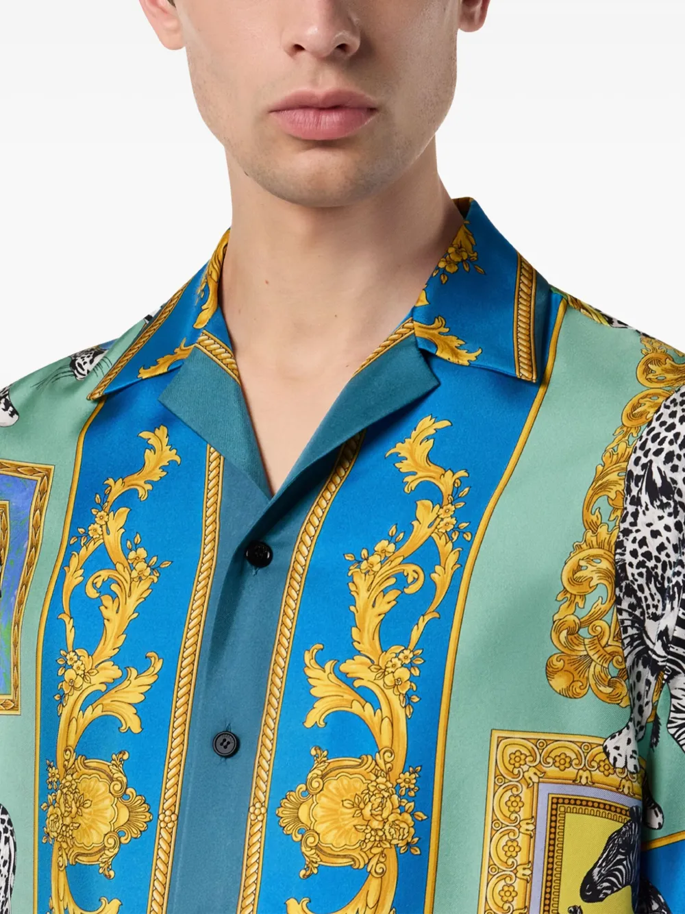 Versace Safari Printed Silk Shirt In Blue
