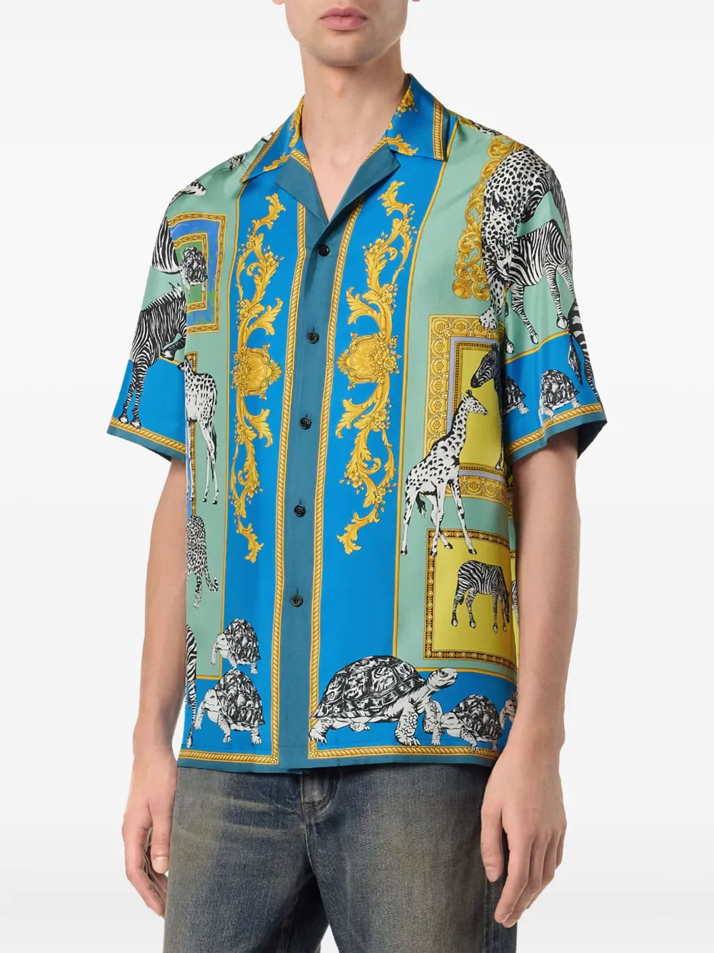 Versace Safari Printed Silk Shirt In Blue