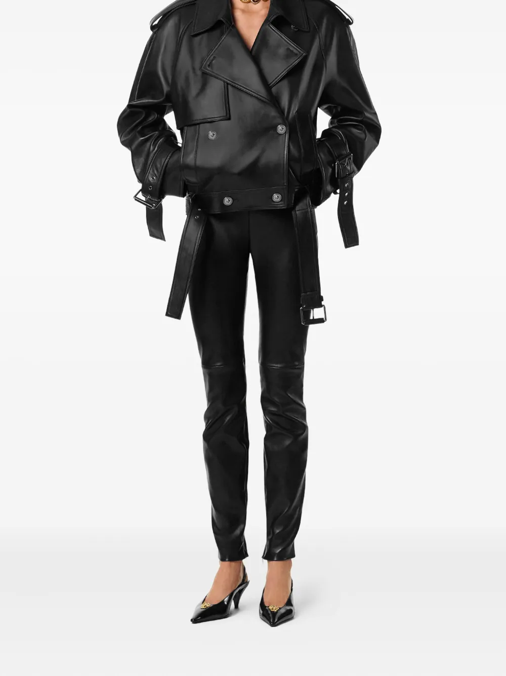 Versace Broek met leren vlak - Zwart
