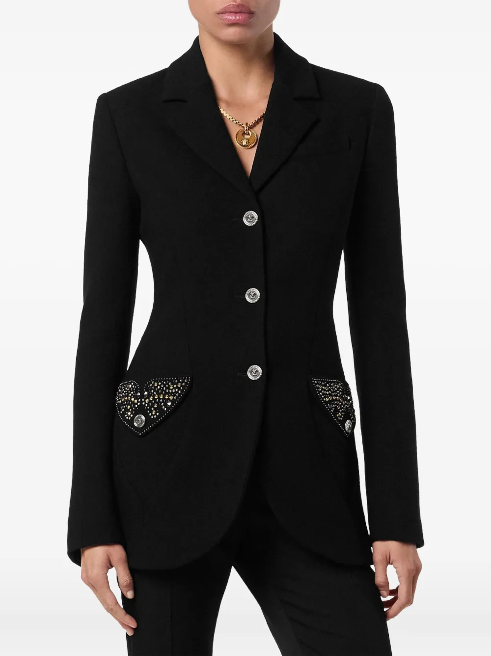 Versace embellished pocket wool jacket Zwart