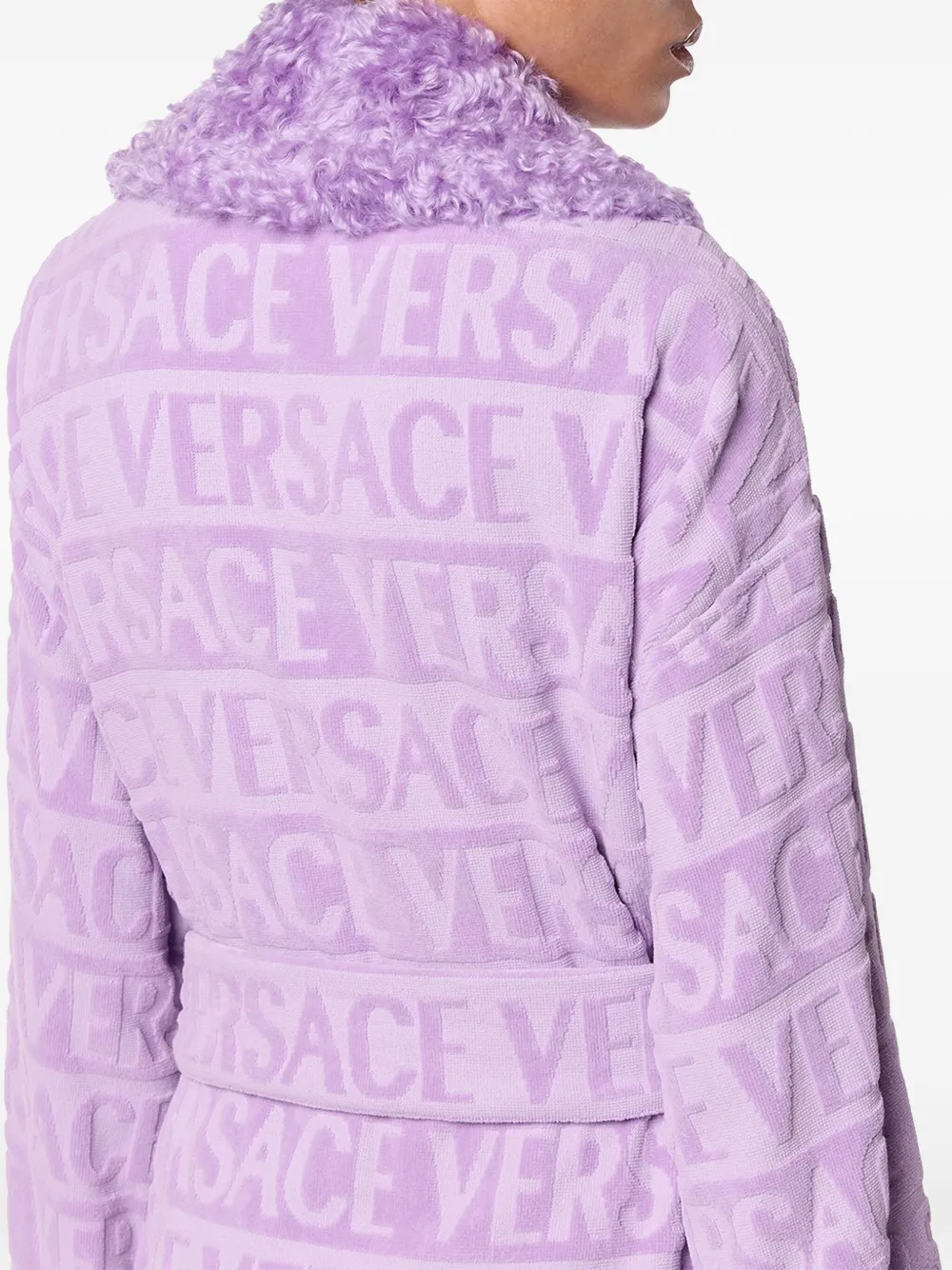 Versace Badjas met fleece afwerking en logo jacquard Paars
