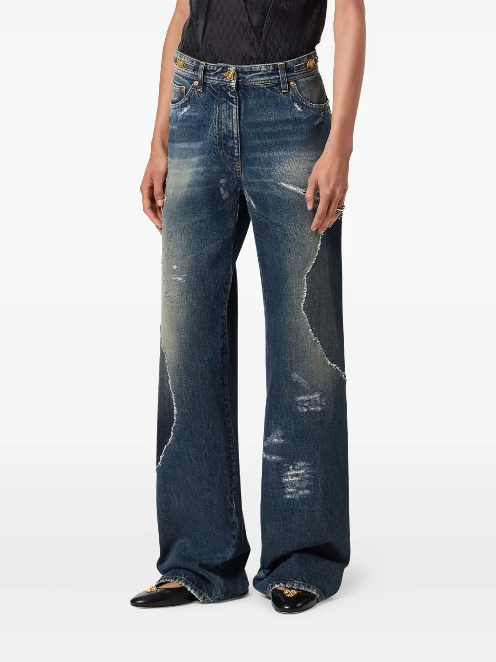 Versace Distressed Patchwork High-rise Wide-leg Jeans In Blue