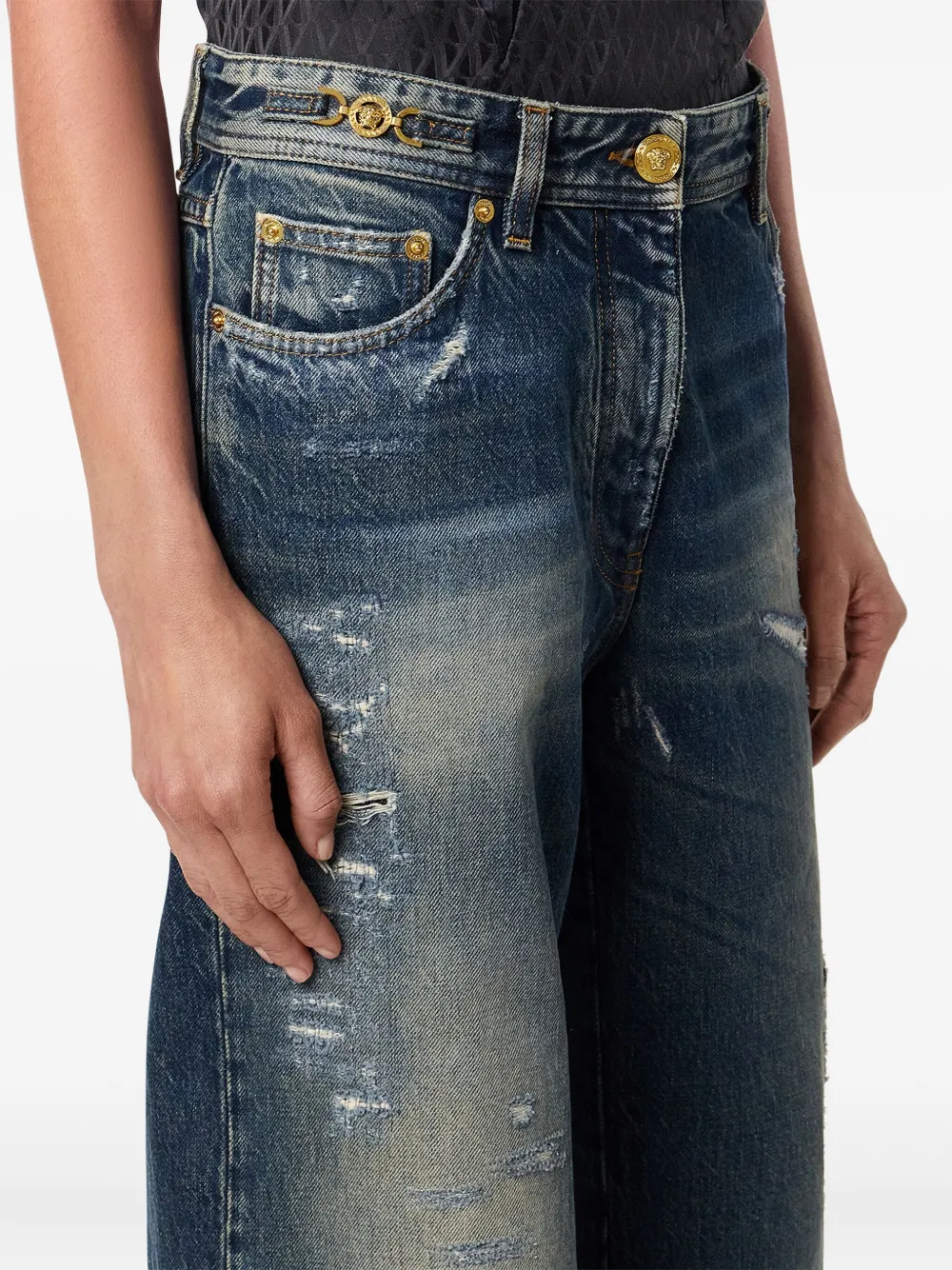 Versace Distressed Patchwork High-rise Wide-leg Jeans In Blue